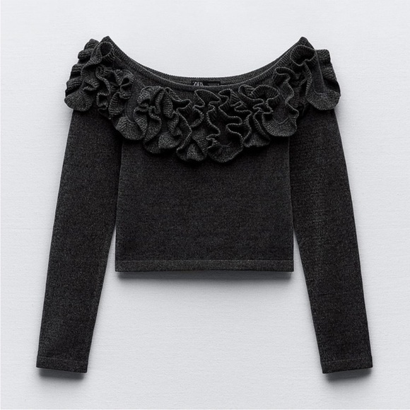 ZARA RUFFLED CHENILLE CROP TOP - Picture 8 of 8